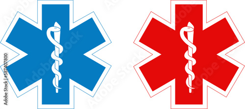 Medical symbol set red and blue Star of Life with Rod of Asclepius. Emergency logo icon isolated on white background. First aid. Vector illustration.