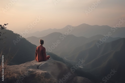 A woman sitting on the top of a mountain and looking at the sunset.