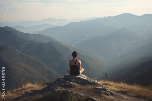Young woman meditating on top of a mountain in the morning. © Medard
