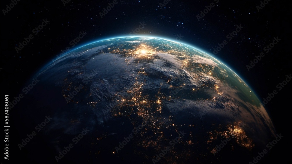 Earth at Night as Viewed from Space, Illuminated by City Lights, Generative AI