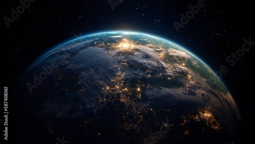 Earth at Night as Viewed from Space, Illuminated by City Lights, Generative AI