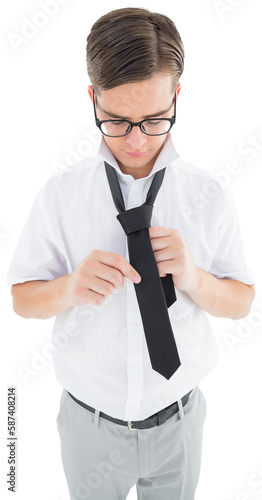 Geeky hipster fixing his tie