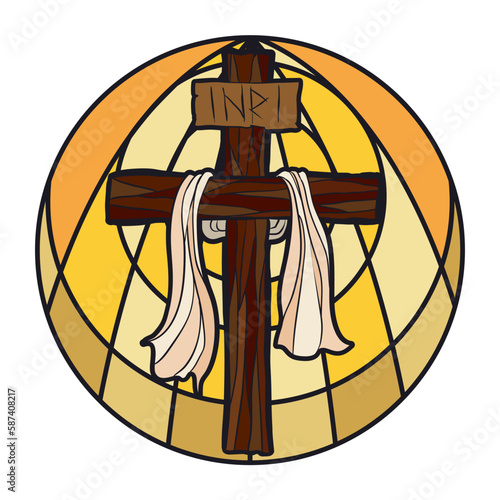 Button with stained glass effect and Christian cross, Vector illustration