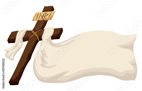 Wooden Christian cross with white fabric in cartoon style, Vector illustration