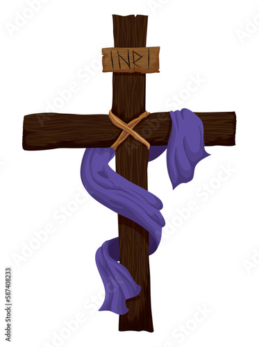 Religious cross decorated with INRI sign and purple cloth, Vector illustration