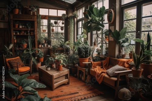 Garden paradise. Boho living room with greenery. Monstera, cactus, succulents. Dessert flowers. Bohemianism. Pottery. Home gardener. Orange, sand, green. Generative AI