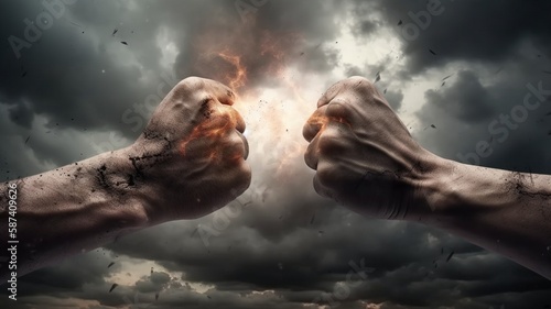 Clashing Fists with Fiery Burst Amidst Stormy Skies Symbolizing Power Struggle. © Digital Dreamscape