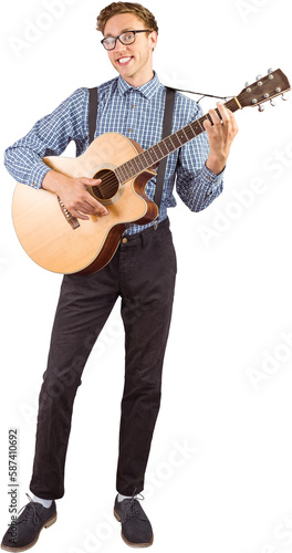 Geeky hipster playing the guitar 