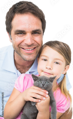 Portrait of smiling father and daughter with cat 