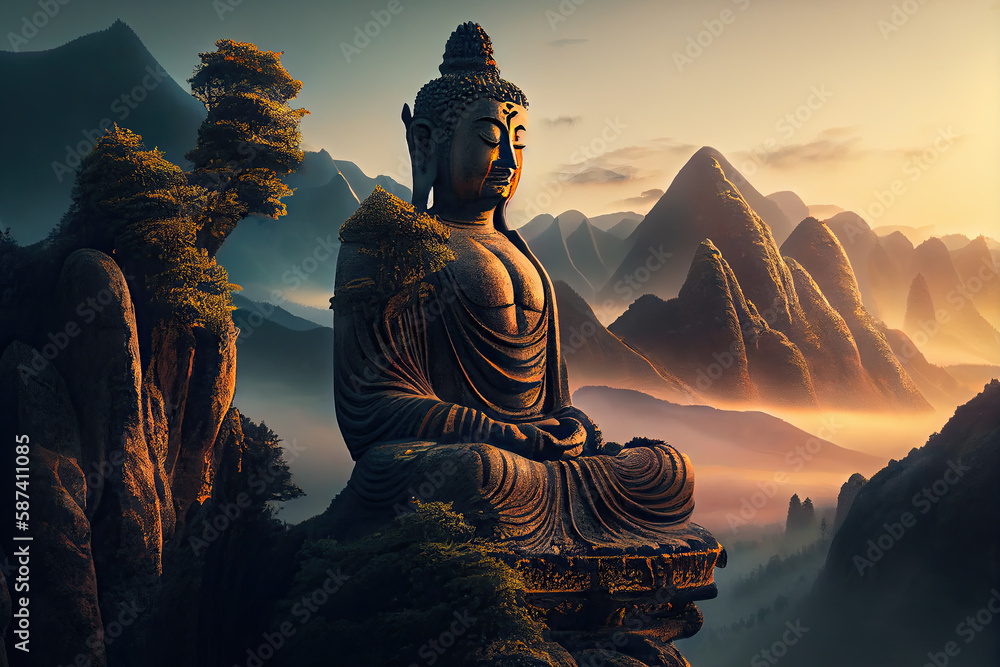 Photo a statue of buddha sits on a mountain top with clouds in the background. - obrazy, fototapety, plakaty 