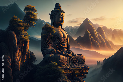 Photo a statue of buddha sits on a mountain top with clouds in the background.