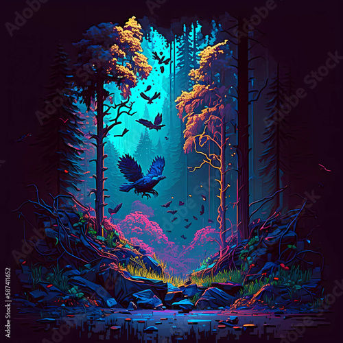 Pixel art magical forest. Created with Generative AI technology. 