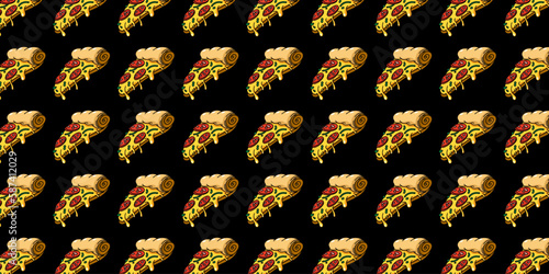 Pizza backdrop. Slice of pizza pattern on black background. Vector illustration EPS 10