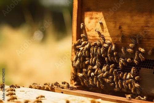 Honey bees sitting on the entrance to the hive. Beekeping concept. photo