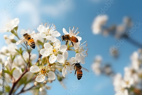 Bees collecting nectar on flowers against blue sky background. Generative AI