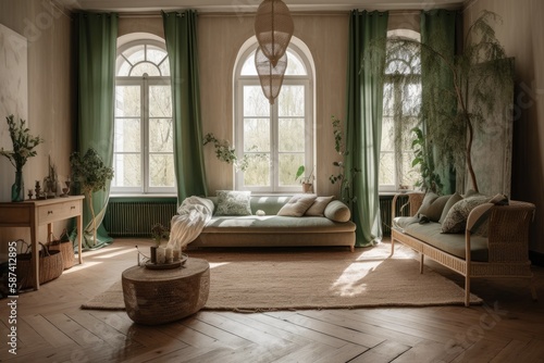 Vintage living room with drapes, fabric couch, and green beige rattan flooring. Parquet and arched window. Farmhouse decor,. Generative AI