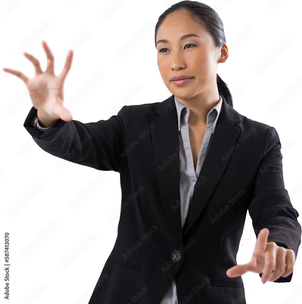 Smiling businesswoman touching the invisible screen Smiling businesswoman touching the invisible screen