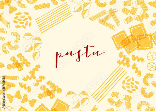 Italian pasta banner. Different types of Italian pasta. Spaghetti, farfalle, penne, rigatoni, ravioli, fusilli, conchiglie, elbows, rotelle, orzo, paccheri illustration.