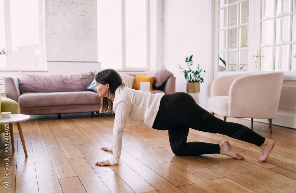 Pregnant lady in process of doing Box pose during home training