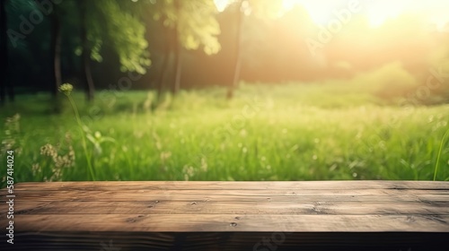 Wooden planks on green grass with a blurred background with space to place products Generative AI