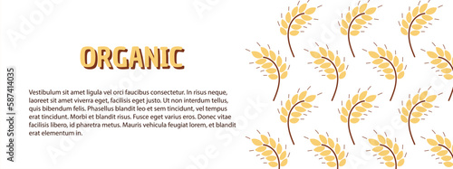 Abstract background with wheat ears pattern. Rye, barley, cereal yellow and brown elements. Poster, banner template with copy space for text. Vector illustration