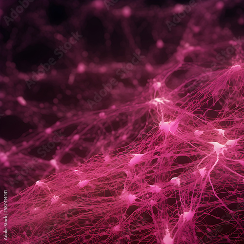AI Neural network artificial intelligence wave lines pink on dark purple background. nervous system network, technology concept, machine learning, AI abstract illustration Generative AI
