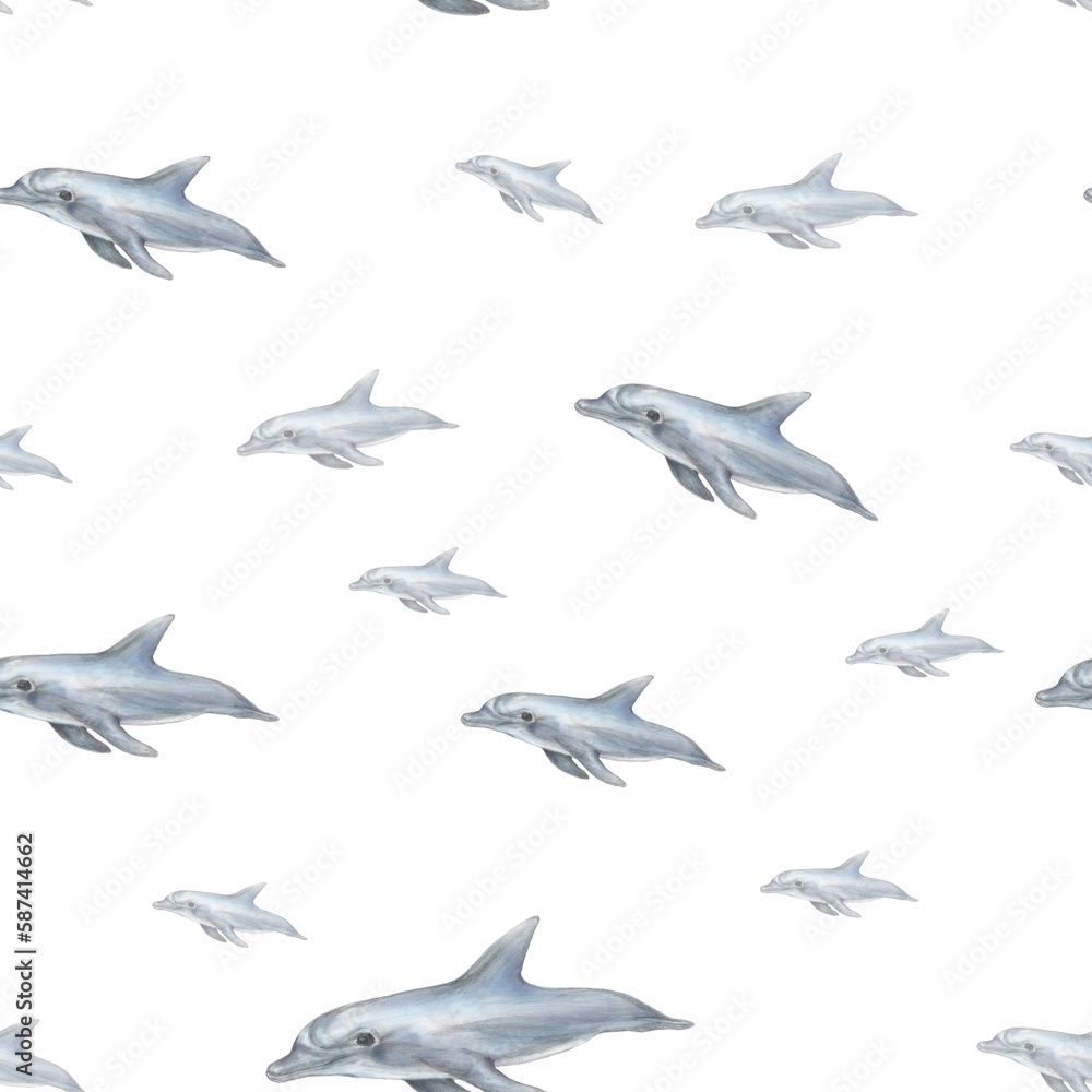 Fototapeta premium Hand drawn graphic dolphins. Flying dolphins seamless pattern. Dolphin on white background.