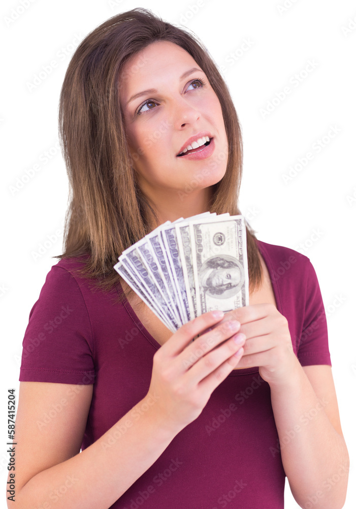Festive brunette holding her cash Festive brunette holding her cash