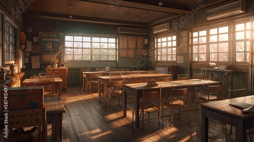 High quality 2D anime classroom background  summer vibe  Generative AI