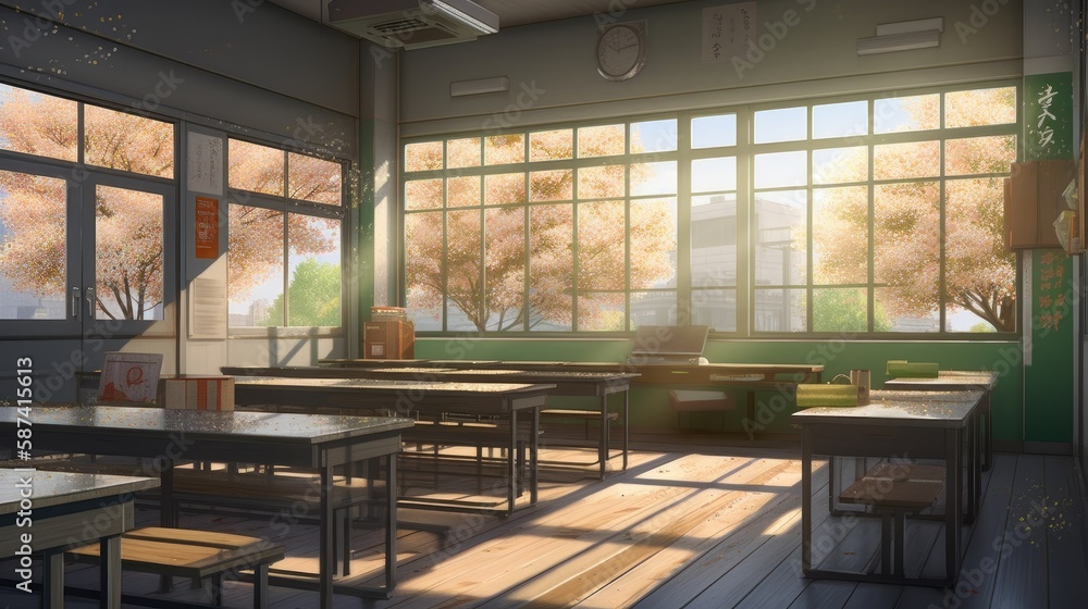 High quality 2D anime classroom background, spring vibe, Generative AI High quality 2D anime classroom background, spring vibe, Generative AI