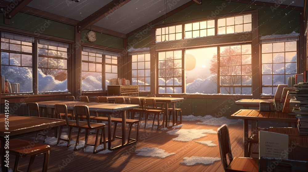 High quality 2D anime classroom background, winter vibe, Generative AI