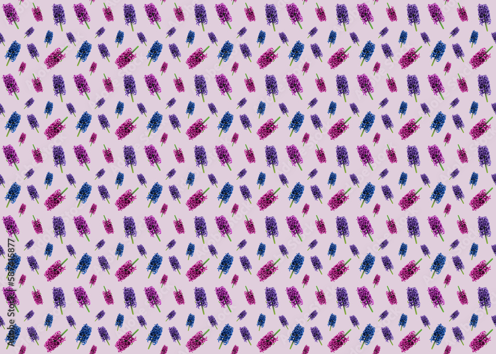 Seamless pattern with hyacinths of different colors and sizes on a light pink background. Floral spring pattern. Textile fabric design. Design for textiles, wallpapers. Seamless pattern with hyacinths of different colors and sizes on a light pink background. Floral spring pattern. Textile fabric design. Design for textiles, wallpapers.