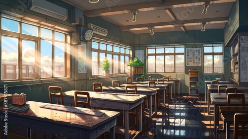 High quality 2D anime classroom background, summer vibe, Generative AI