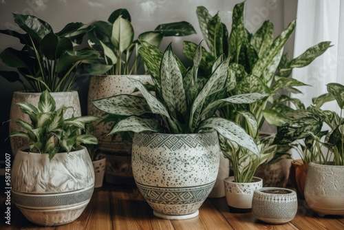 Tropical houseplants in floor pots. Generative AI