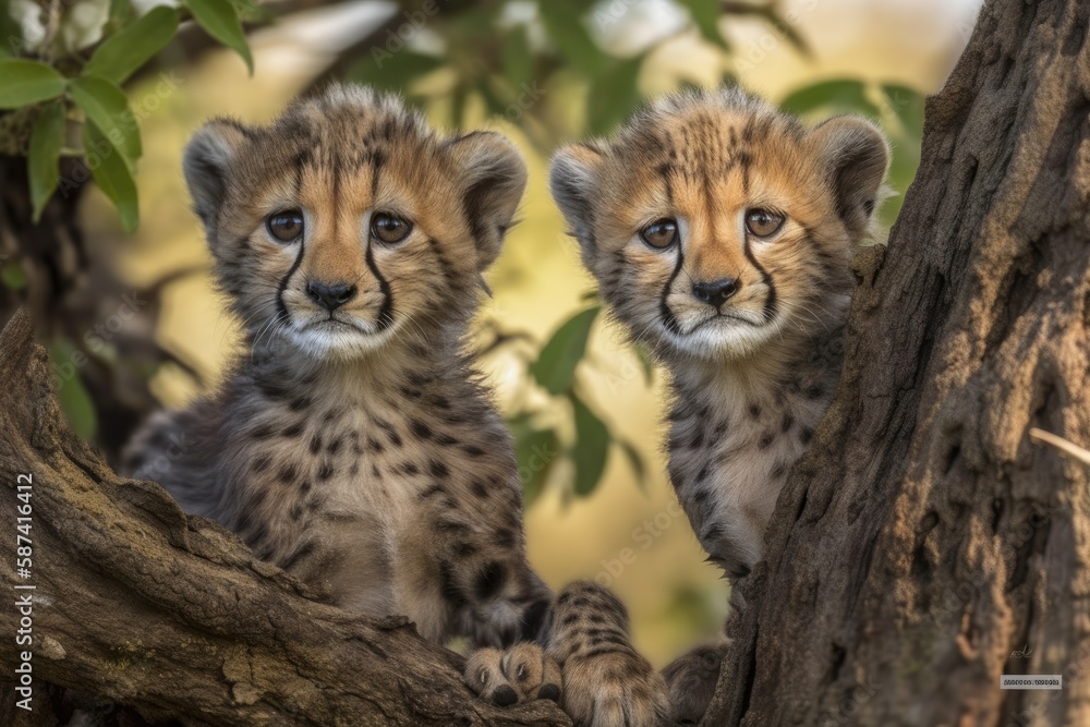 Two cheetah babies playing in a tree in Kenya's Masai Mara. Mother's name is Narasha. Generative AI Two cheetah babies playing in a tree in Kenya's Masai Mara. Mother's name is Narasha. Generative AI