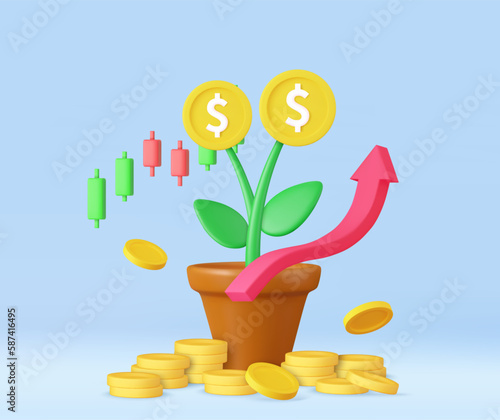 3d money tree plant with coin