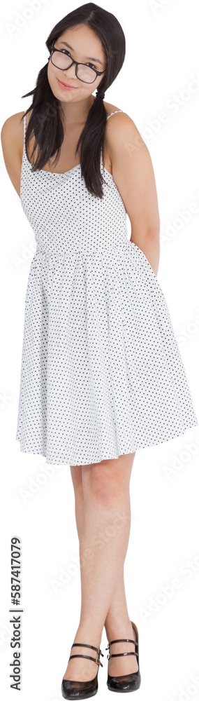 Woman in pigtails and polka dot dress