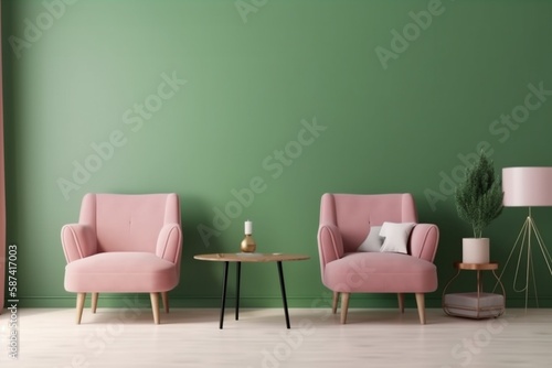 interior background lamp design pink lifestyle light house style empty furniture wall. Generative AI.