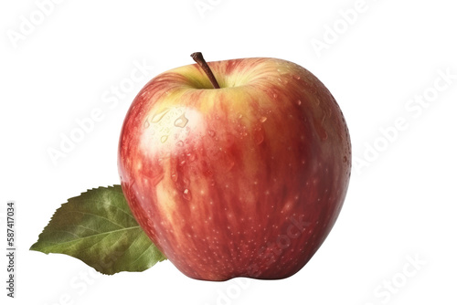 Isolated apple. Whole red, apple fruit with leaf isolated on white, with clipping path. Generative AI.