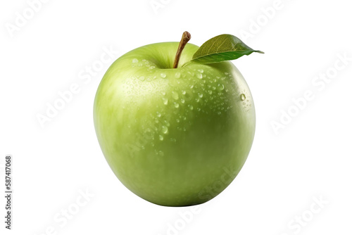 Isolated apple. Whole green, apple fruit with leaf isolated on white, with clipping path. Generative AI