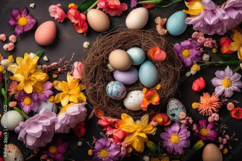 birds nest with eggs and colorful flowers. Generative AI