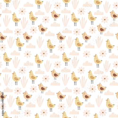 Seamless pattern with cartoon birds, clouds, flowers, decor elements. hand drawing, flat style. Baby design for fabric, print, textile, wrapper