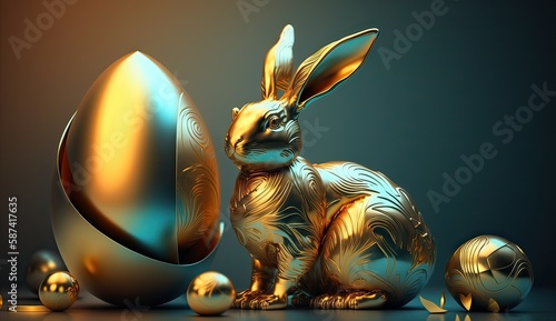 Golden easter bunny and golden easter eggs. Created with Generative AI technology