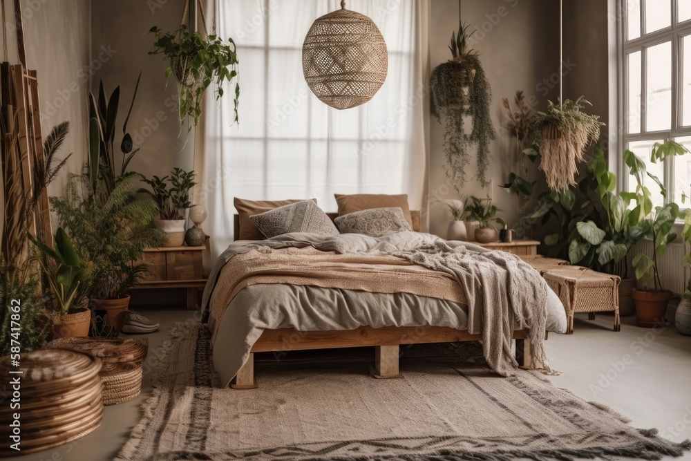 Vertical shot of boho bedroom with warm atmosphere, pillows, cushions, green plants in flower pot, and comfort bed near white wall. Generative AI