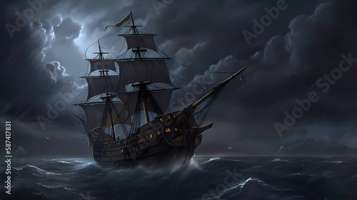 Old wooden ship on a stormy ocean by night. Generative AI.