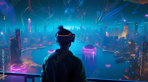  A person wearing a VR headset facing a huge futuristic city in the distance. Generative AI.