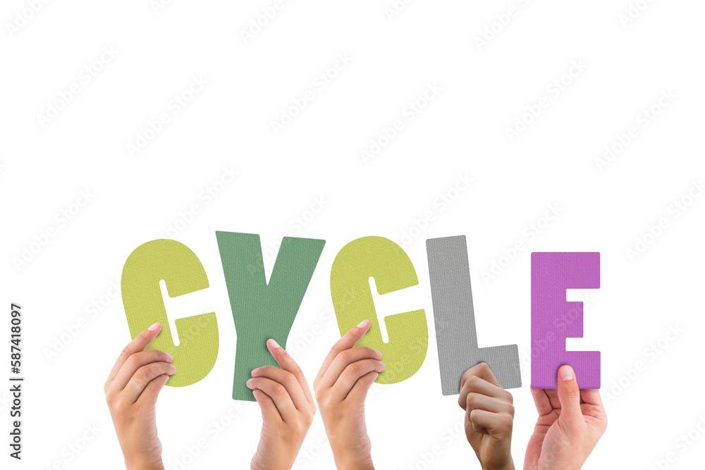 Colorful alphabet spelling cycle held up by people Colorful alphabet spelling cycle held up by people