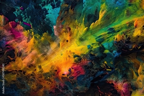 abstract painting with vibrant colors on a black background. Generative AI © AkuAku