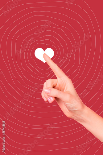 Creative banner poster collage of human finger pointing clicking heart button on red touch screen interface