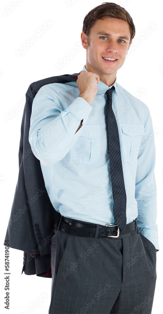 Smiling businessman holding his jacket Smiling businessman holding his jacket